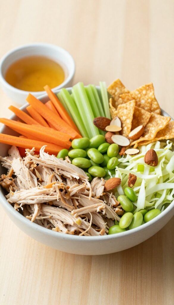 Crunchy edamame and ginger chicken bowl with wonton strips and almonds