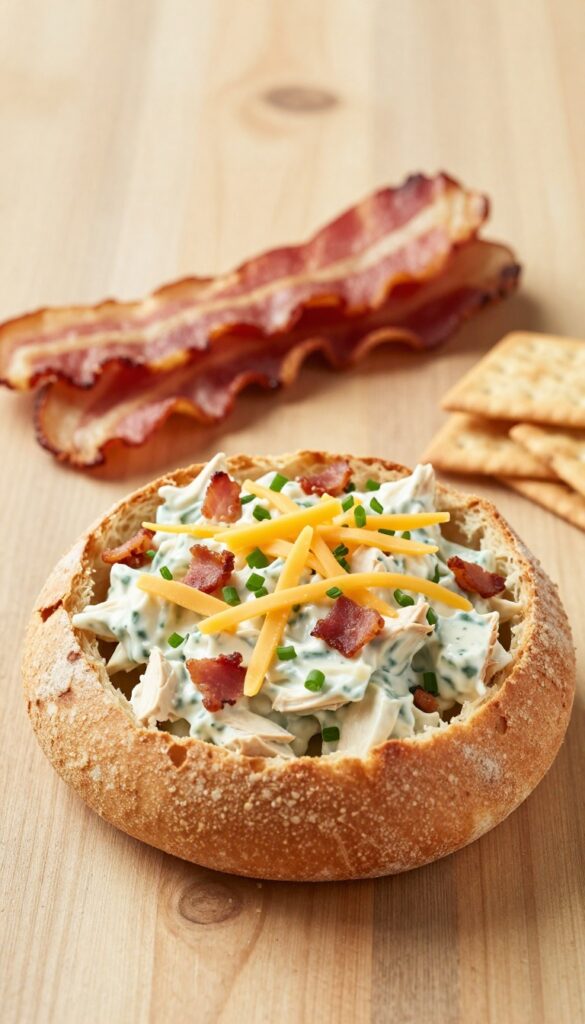 Ranch chicken salad with bacon and cheddar served in a sourdough bread bowl
