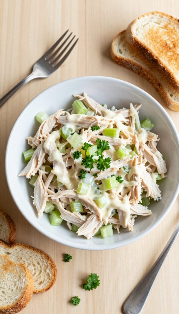 A bowl of classic creamy chicken salad with celery and onion, served with toast, on a wooden table in natural light.