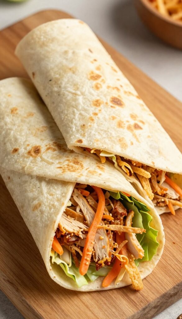 Thai Peanut Chicken Crunch Wrap cut in half, showing layers of shredded chicken, cabbage, carrots, and wonton strips inside a tortilla.