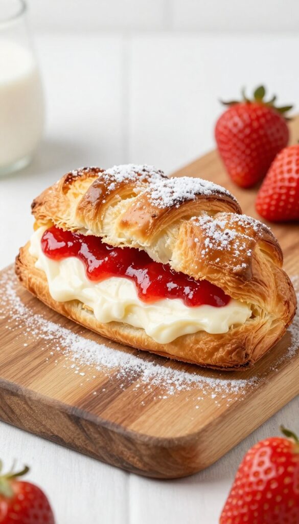 Classic Strawberry Cream Cheese Braid Danish on a wooden board.