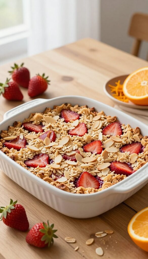 Freshly baked strawberry rhubarb crisp with oat almond topping in white dish, surrounded by fresh strawberries, rhubarb, and orange zest on wooden table.