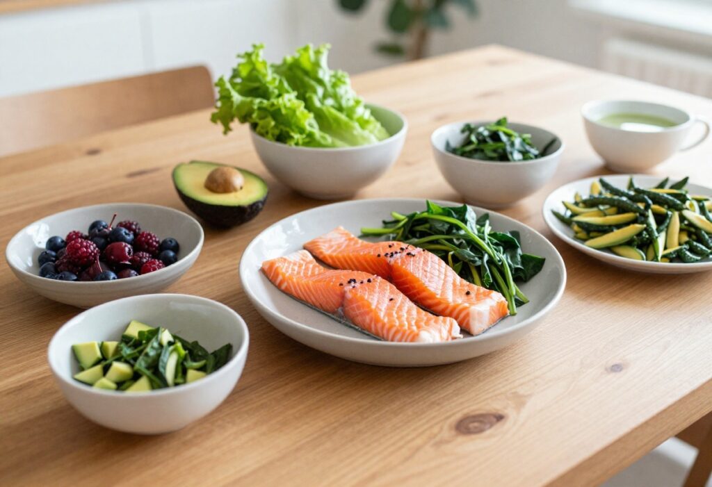 Assorted skin-friendly foods including salmon, avocado, berries, spinach, and green tea on a wooden table.