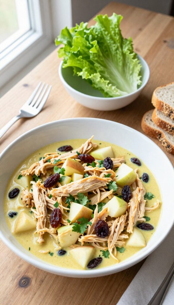 Curry chicken salad with apples and raisins in a bowl, served with lettuce cups and whole wheat bread on a wooden table.