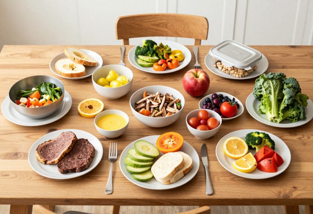 A colorful spread of skin-friendly foods including berries, avocado, salmon, and greens on a wooden table.