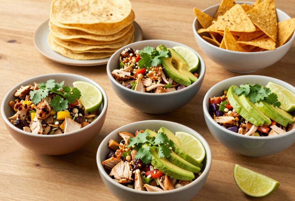 Colorful Mexican chicken salads in bowls with garnishes and tostadas on a wooden table