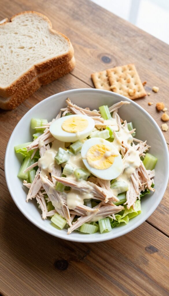 Classic creamy chicken salad in a white bowl with bread and crackers on a wooden table.