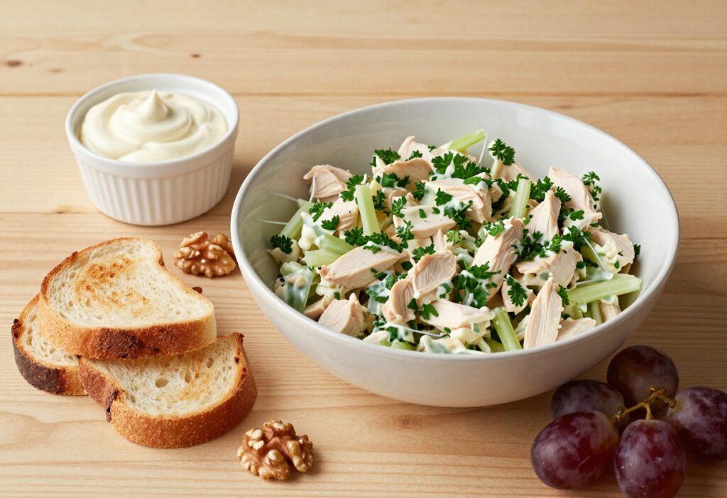 Bowl of creamy chicken salad with celery, grapes, and walnuts on a wooden table with toast