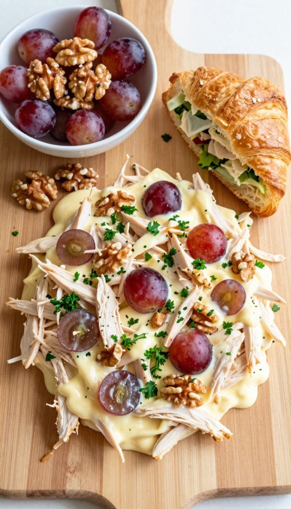 Creamy chicken salad with red grapes and walnuts on a wooden table, with a croissant and extra walnuts.