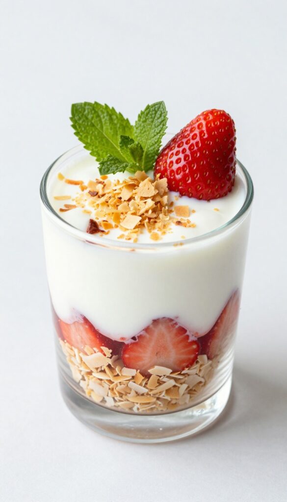 Vegan coconut strawberry parfait with layers of coconut yogurt, macerated strawberries, and toasted coconut flakes, garnished with mint.