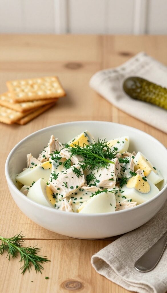 Creamy chicken salad with hard-boiled eggs and dill pickles in a white bowl on a wooden table with crackers and pickles.
