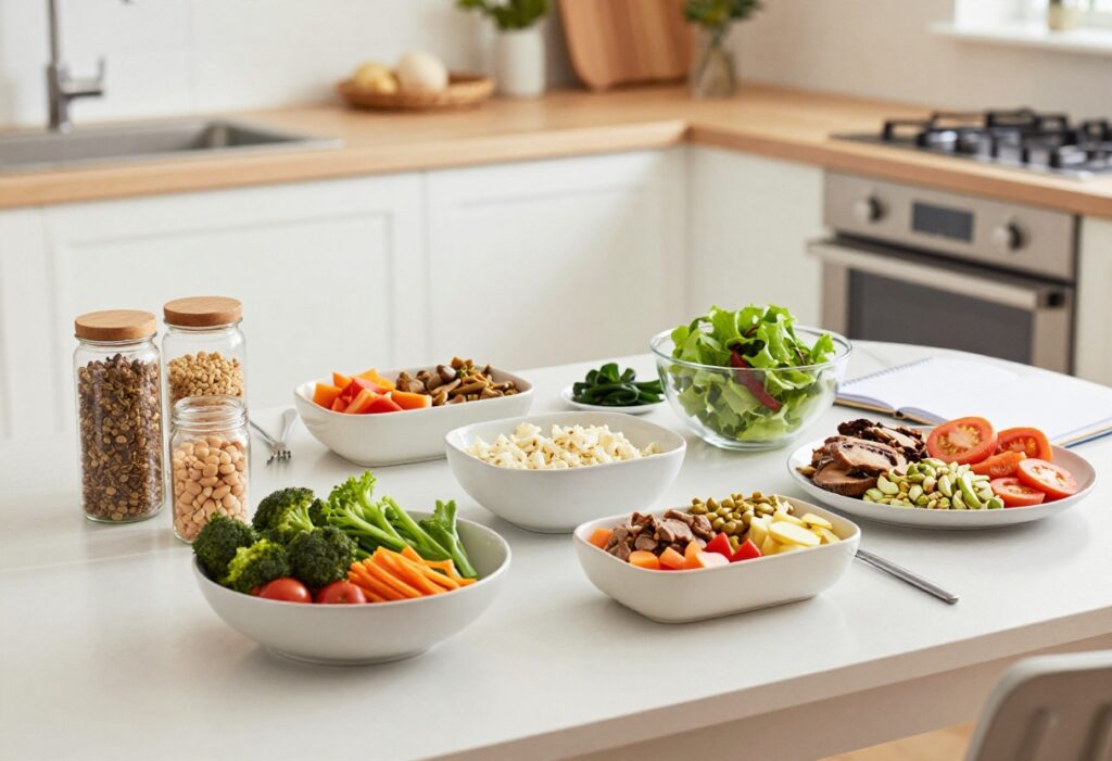 Meal prep containers with healthy food on a kitchen counter