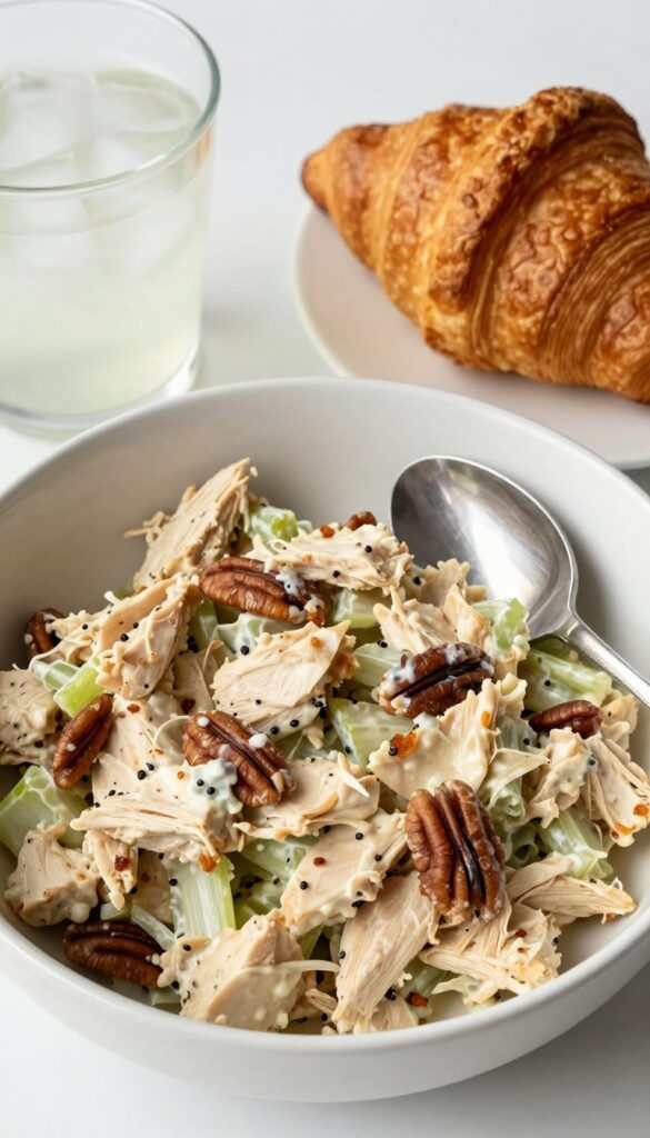 Bowl of Classic Carol chicken salad with a croissant and iced tea