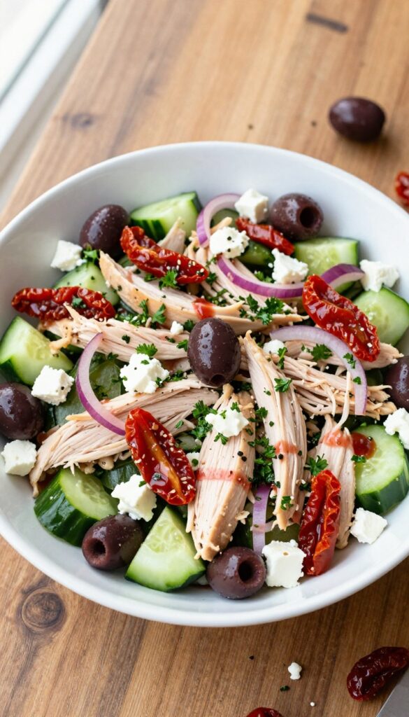 Mediterranean chicken salad with feta, olives, and sun-dried tomatoes in a bowl on a wooden table