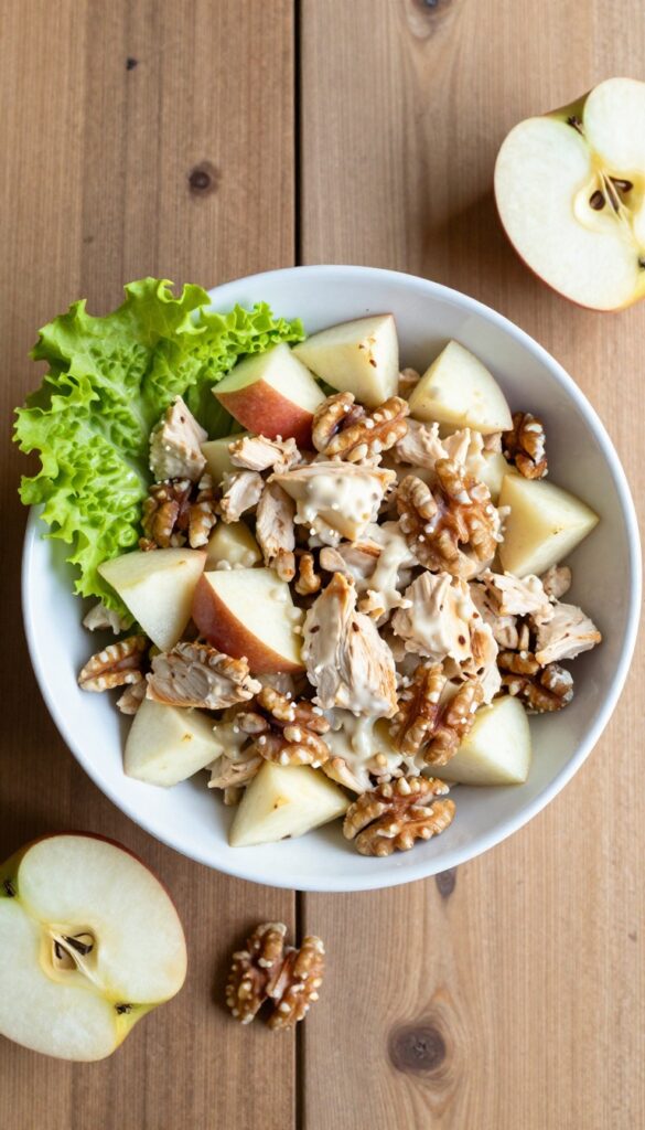 Apple and walnut chicken salad in a white bowl on a wooden table with lettuce and sliced apple.