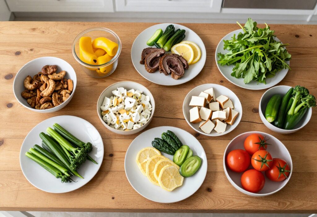 Colorful vegan meal spread including smoothie bowl, buddha bowl, and avocado toast on a wooden table.