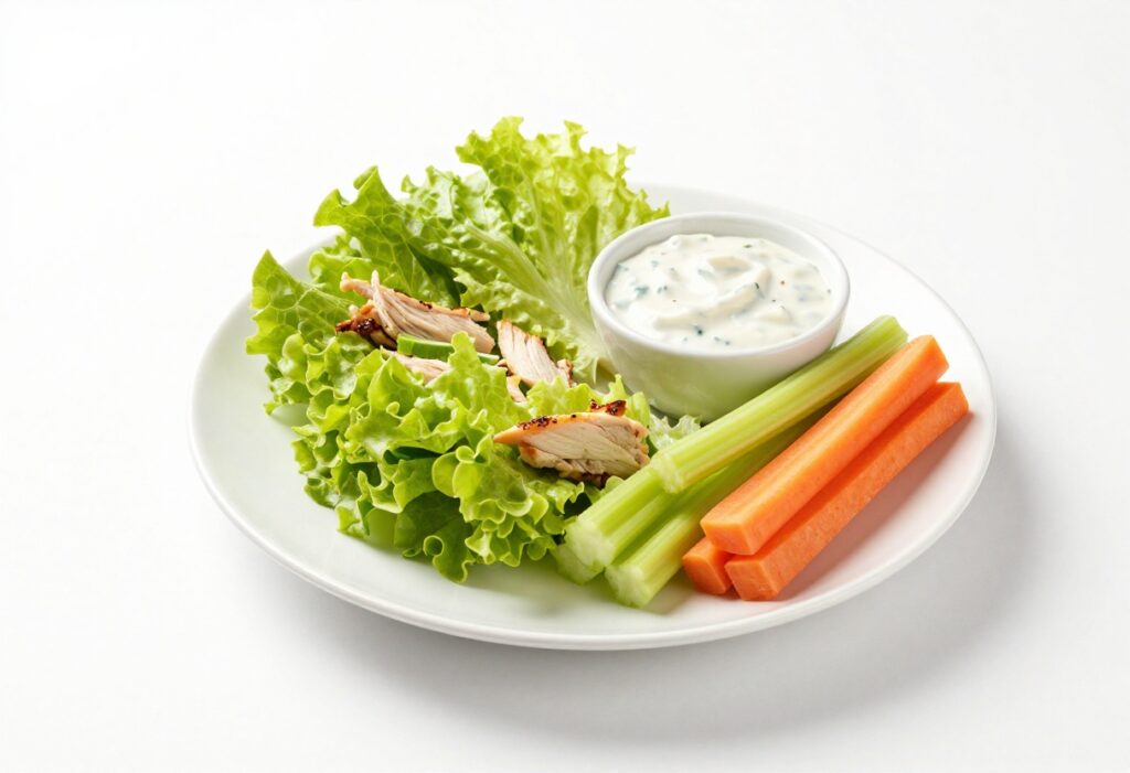 Buffalo chicken salad in a lettuce cup with ranch dip and veggie sticks on a white plate