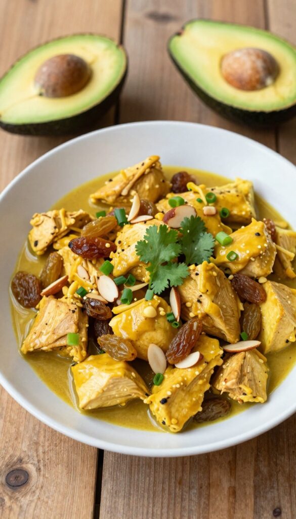 Curry chicken salad with raisins and almonds in a bowl, with avocado halves on a wooden table.