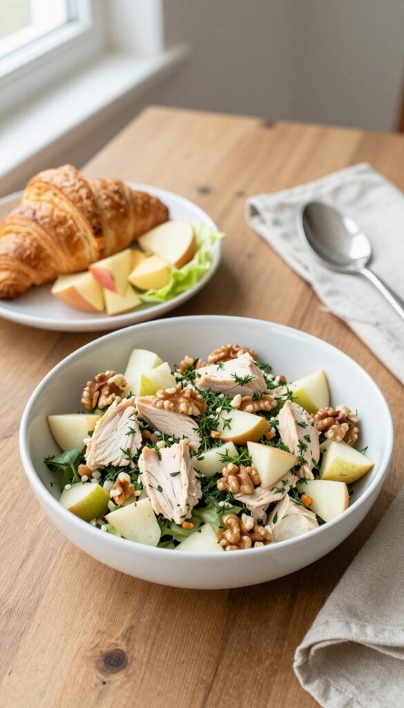 Tarragon chicken salad with apples and walnuts in a white bowl on a wooden table, with a croissant and lettuce cup, garnished with tarragon and walnuts.