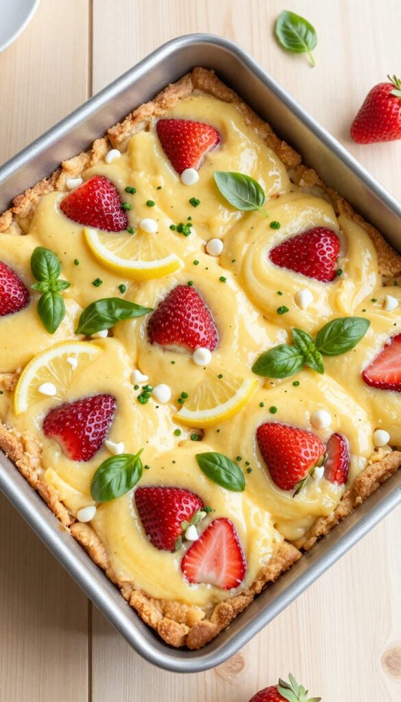 Strawberry lemon bars with white chocolate chips and basil, served in a baking pan.
