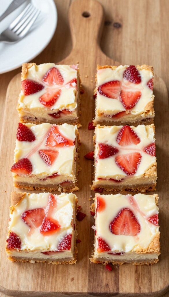 Strawberry cheesecake blondie bars in a baking pan on a wooden table