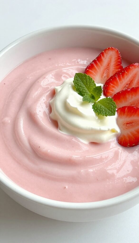 Classic strawberry mousse in a glass bowl with whipped cream and fresh strawberry garnish.
