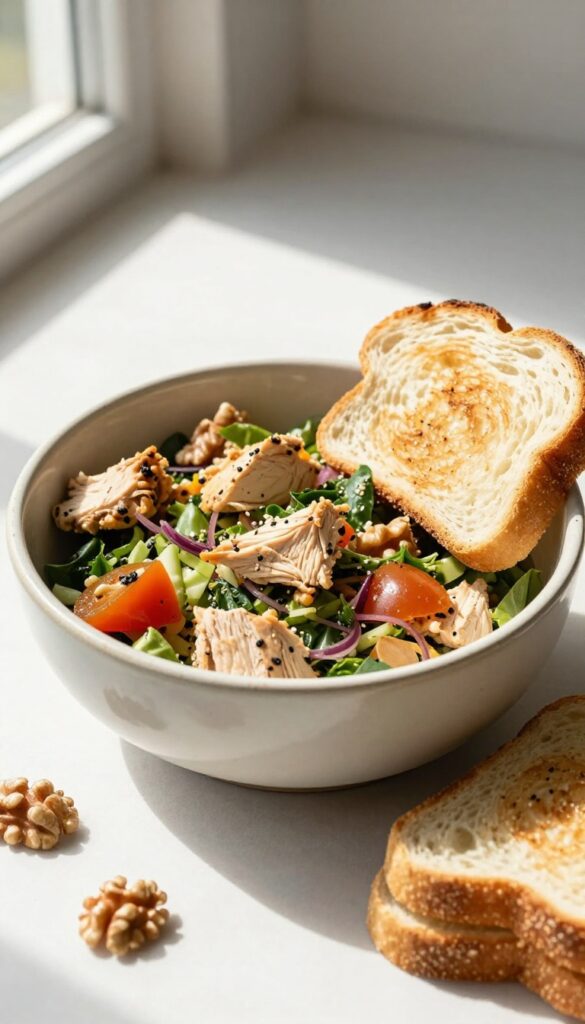Chicken salad served with toast and walnuts