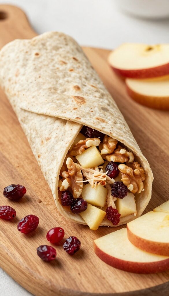 Cranberry apple chicken salad wrap sliced in half on a wooden board with scattered ingredients.