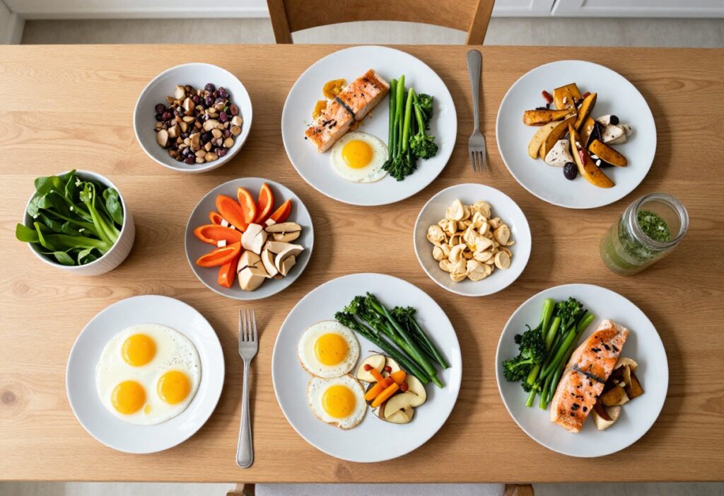 High-protein meal plan spread with eggs, chicken, salmon, and vegetables on a wooden table