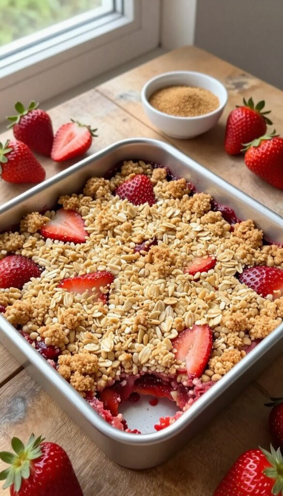 Vegan strawberry crumble bars in a baking dish with fresh strawberries and coconut sugar on a wooden table.