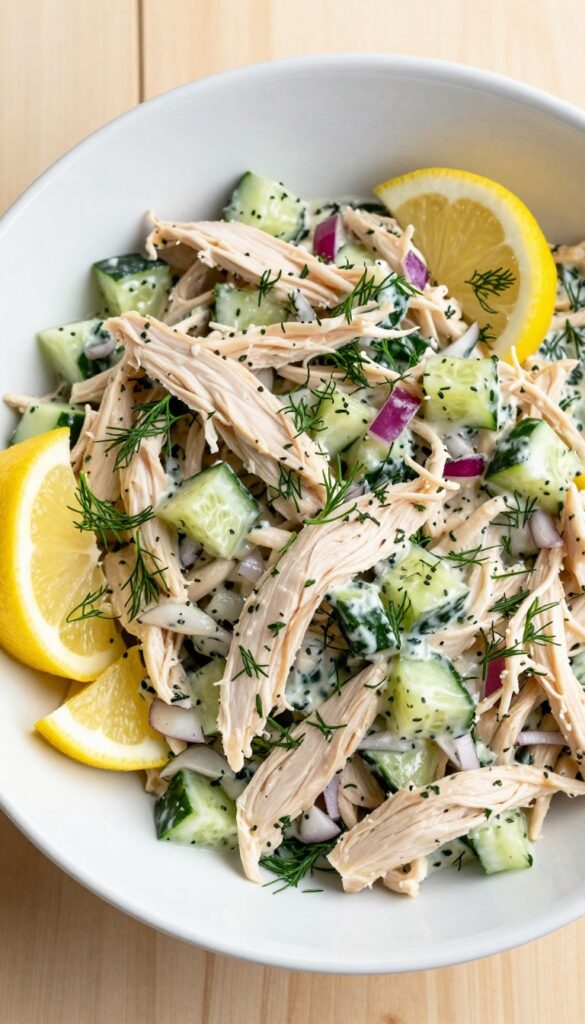 Bowl of lemon-dill chicken salad with cucumber on a wooden table