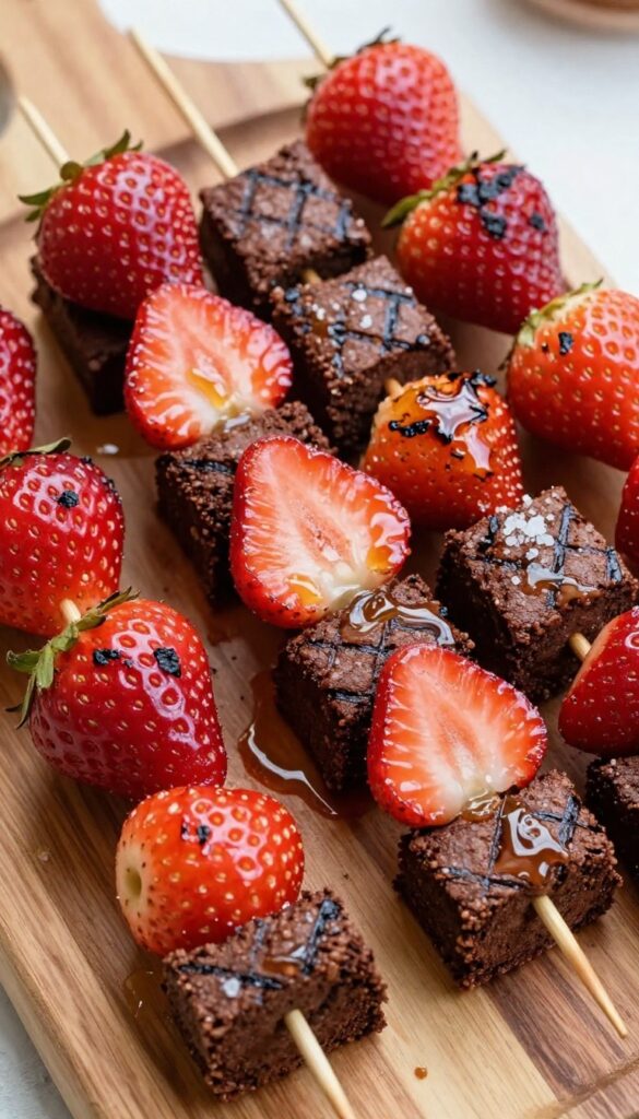 Grilled strawberry brownie skewers on a wooden board with caramelized strawberries and fudgy brownie cubes.
