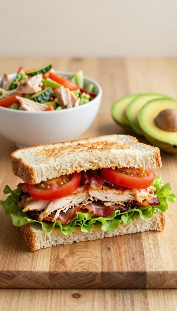 BLT chicken salad sandwich on toasted sourdough bread, cut in half, with extra chicken salad and avocado slices on a wooden table.
