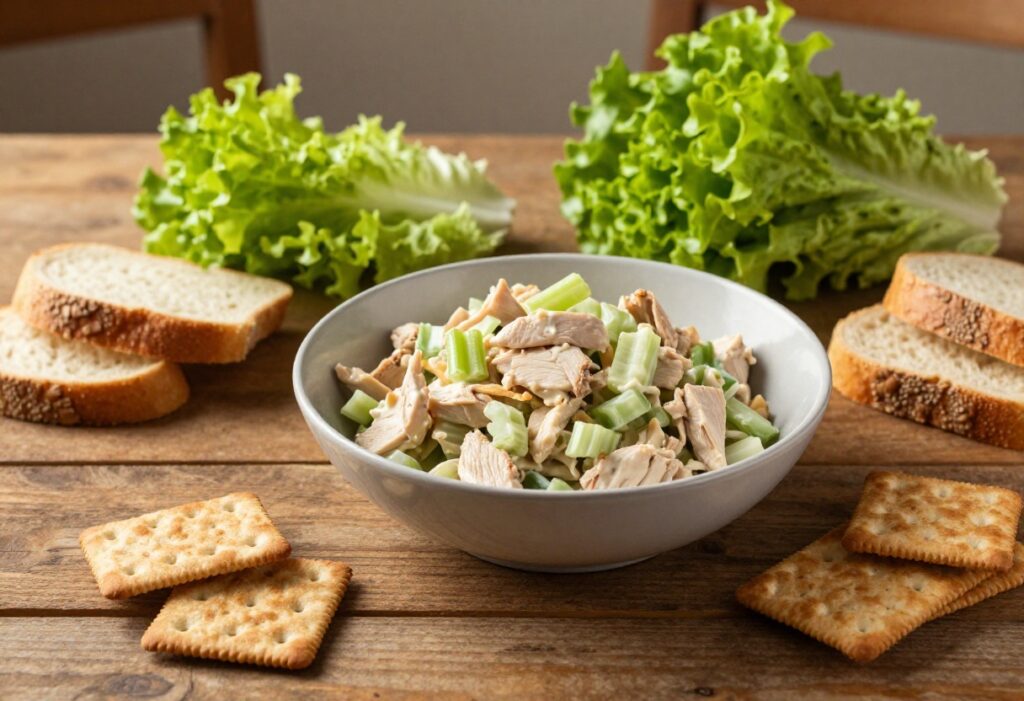 Bowl of chicken salad on a wooden table with bread and crackers