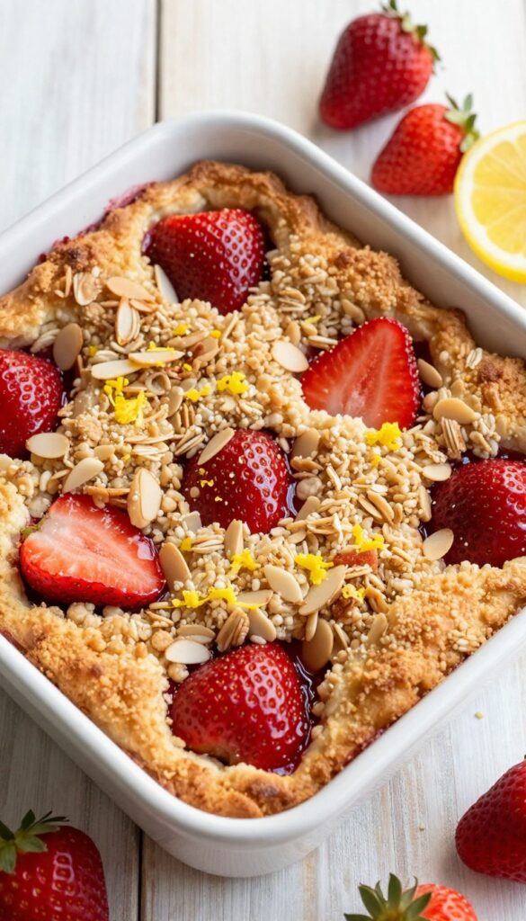 Lemon strawberry cobbler with crisp oat topping in a white baking dish on a wooden table.