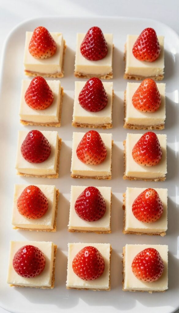 Mini strawberry cheesecake bars on a white plate, each topped with a fresh strawberry.