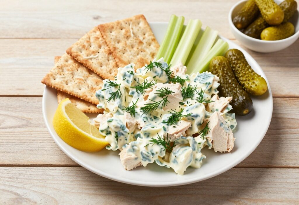 Creamy chicken salad on a plate with crackers, celery, and pickles