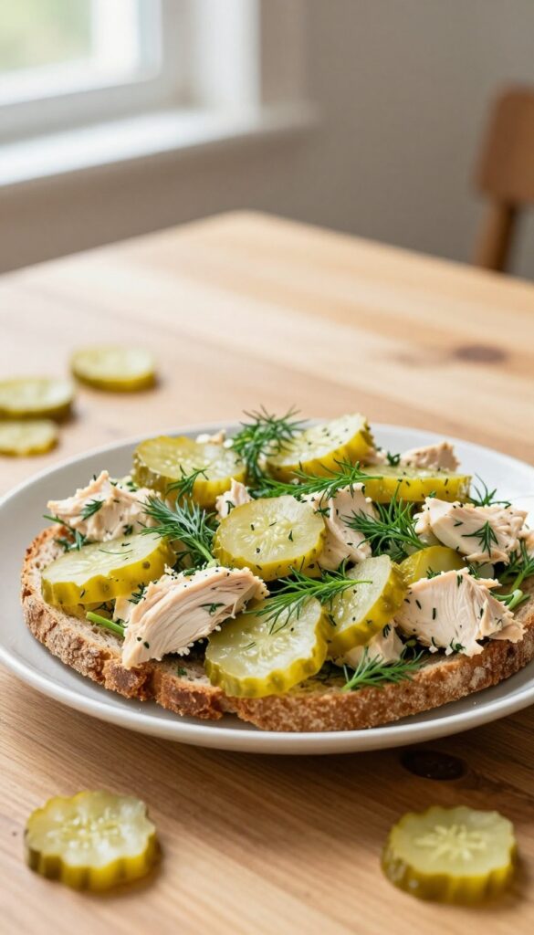Dill pickle chicken salad on rye bread with fresh dill garnish
