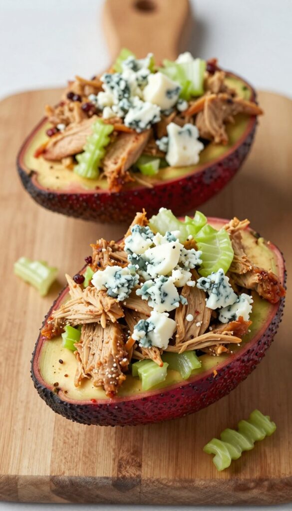 Two avocado halves stuffed with buffalo chicken salad, topped with blue cheese and celery leaves on a wooden board.