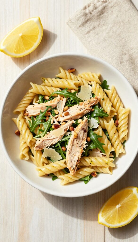 Lemon herb chicken pasta salad with arugula and Parmesan in a white bowl on a wooden table.