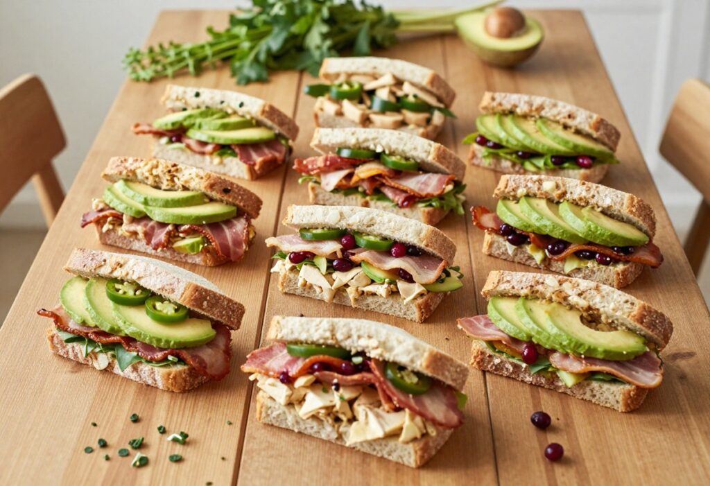 Eight chicken salad sandwiches on a wooden table, each with distinct fillings and bread types, showcasing variety and indulgence.