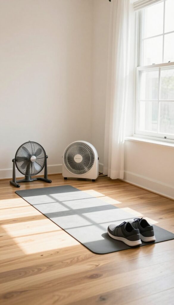Cozy indoor walking space with yoga mat, shoes, and fan in sunlit room