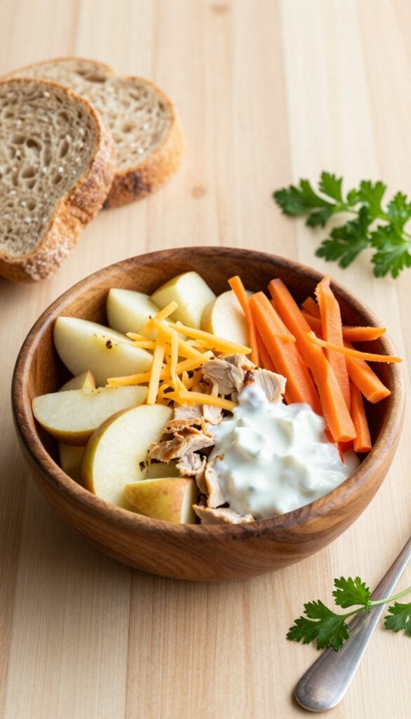 Apple-cheddar chicken salad in a wooden bowl with carrots and bread