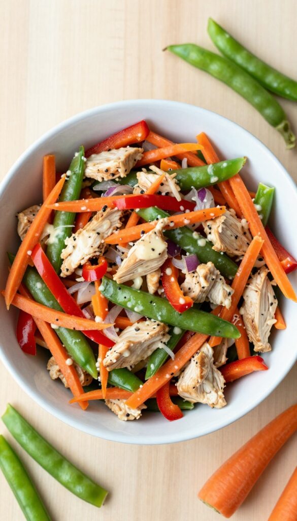 Crunchy Veggie Ranch Chicken Salad in a white bowl with fresh vegetables and chicken
