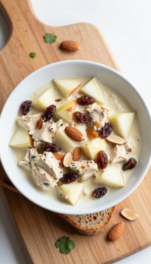 Curry chicken salad with apples and raisins in a bowl on a wooden board with toast.