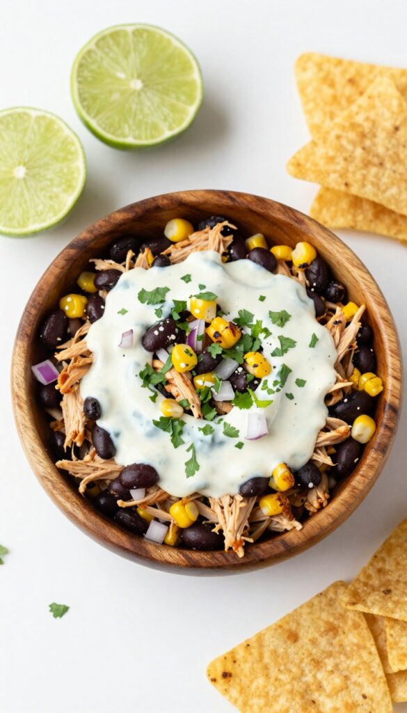 Spicy Southwest chicken salad with corn and black beans in a bowl with tortilla chips