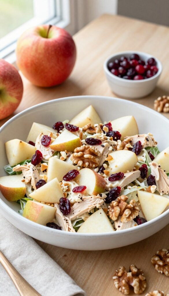 Cranberry apple chicken salad in a white bowl with apples and cranberries on the side