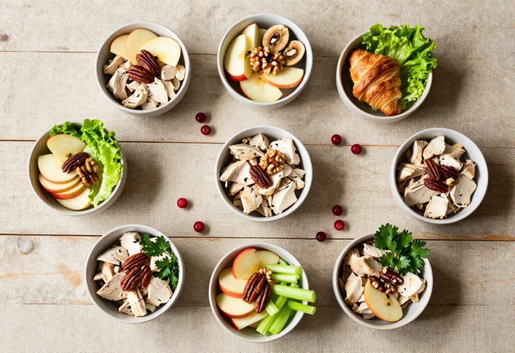 Seven bowls of cranberry chicken salad variations on a wooden table, including croissant, wrap, and lettuce cup options.