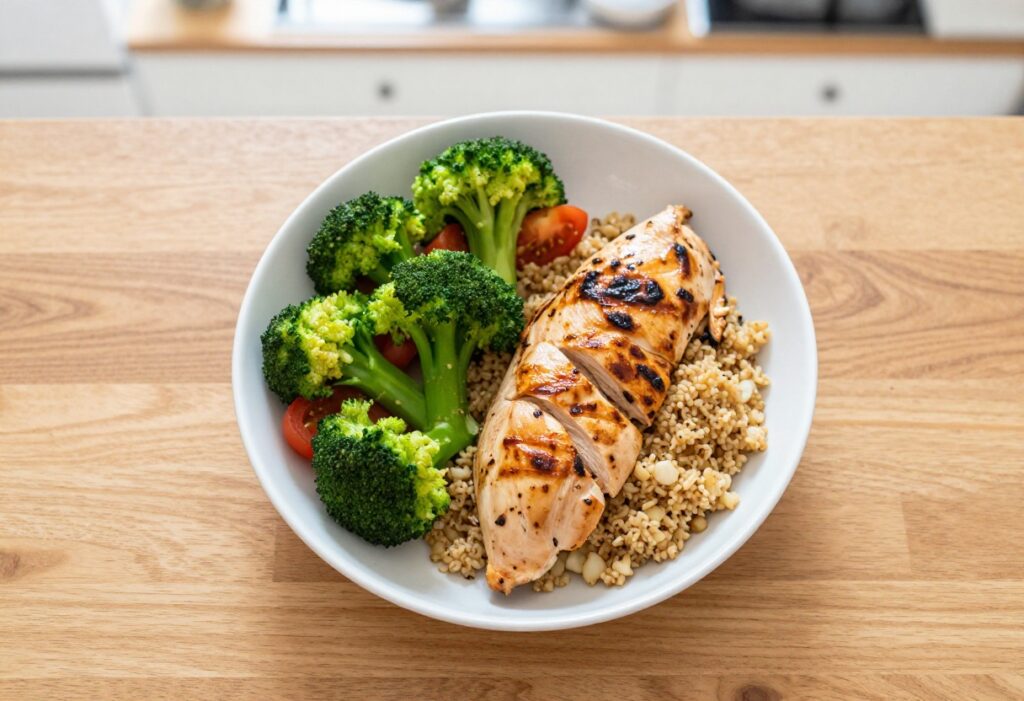 A balanced meal with grilled chicken, quinoa, and roasted vegetables on a wooden table.