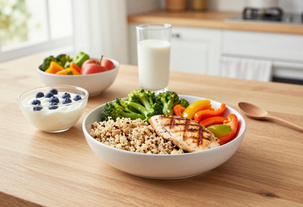 High-protein meal with chicken, quinoa, vegetables, Greek yogurt, and milk on a wooden table.